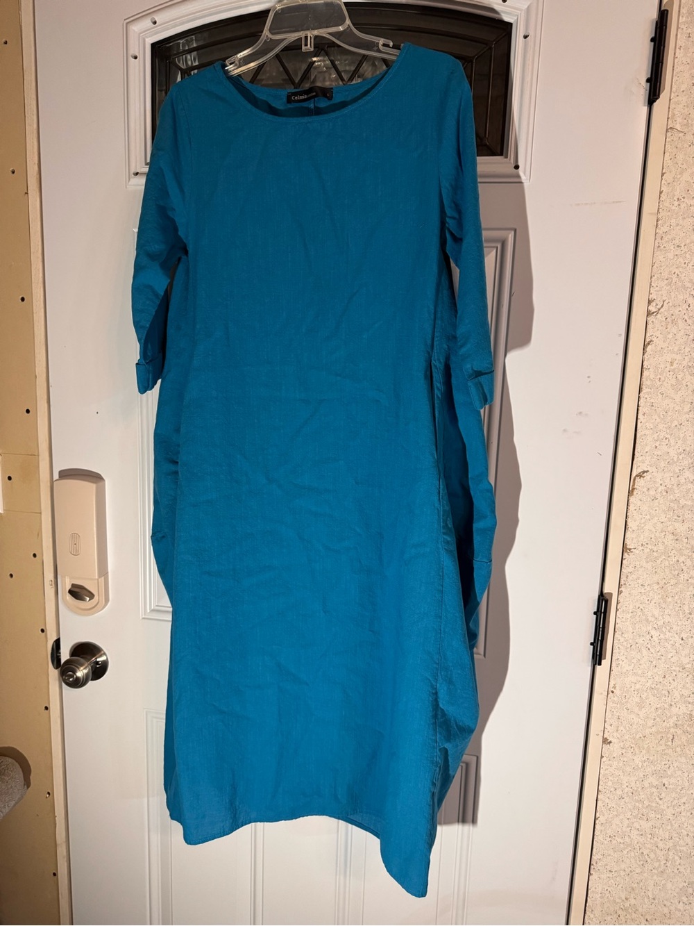 Celmia Teal Midi Shift Dress with Three-Quarter Sleeves